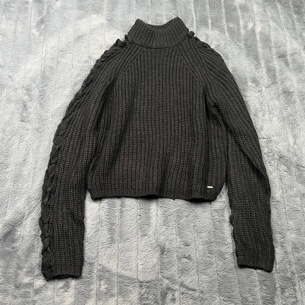 Guess Los Angeles Black Mock Neck Cable Sleeve Cropped Sweater Q3RR14R1XX0 XS